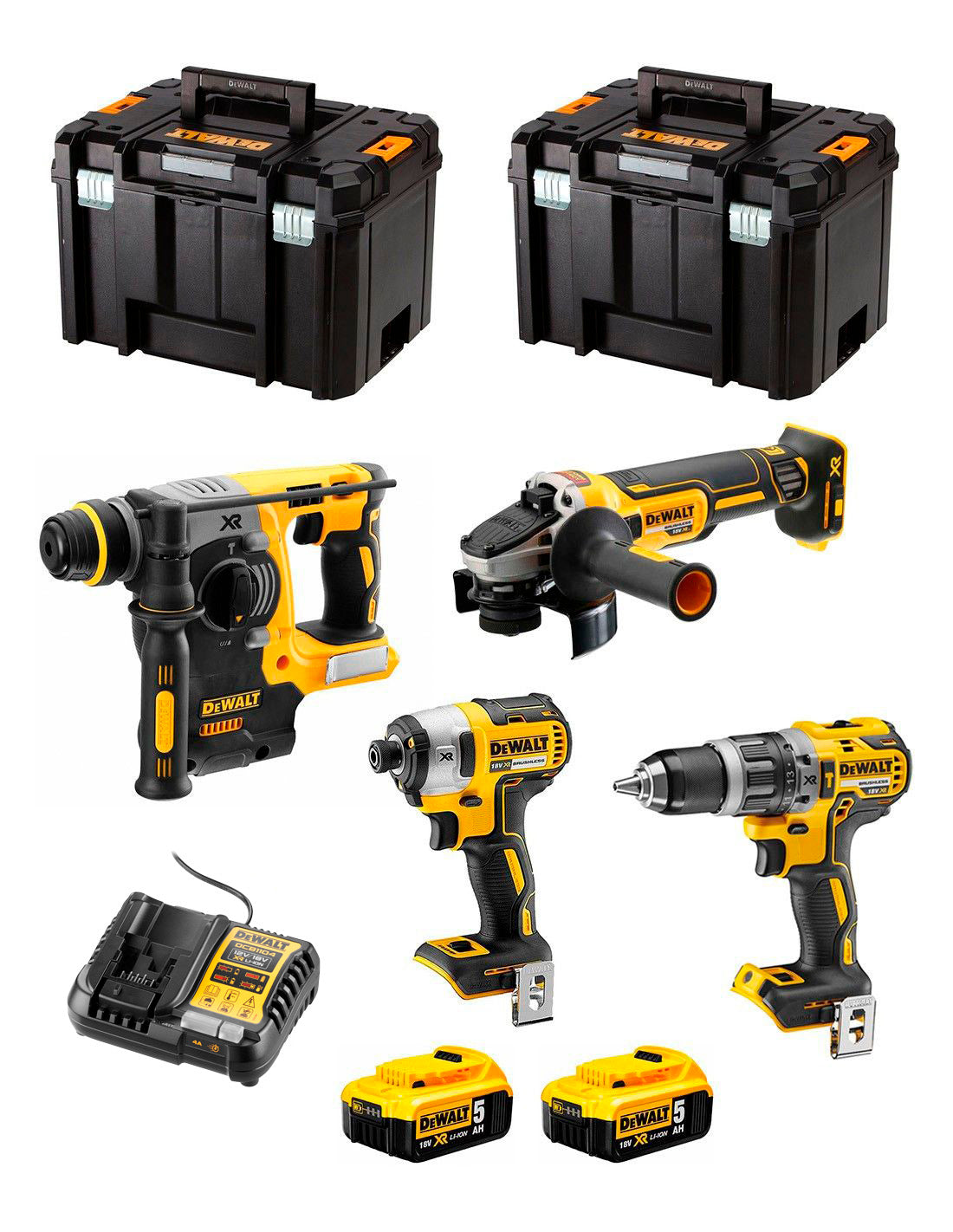 Kit DeWalt amb 4 eines + 2 bateries de 5 Ah + carregador + 2 × TSTAK VI DCK496P2