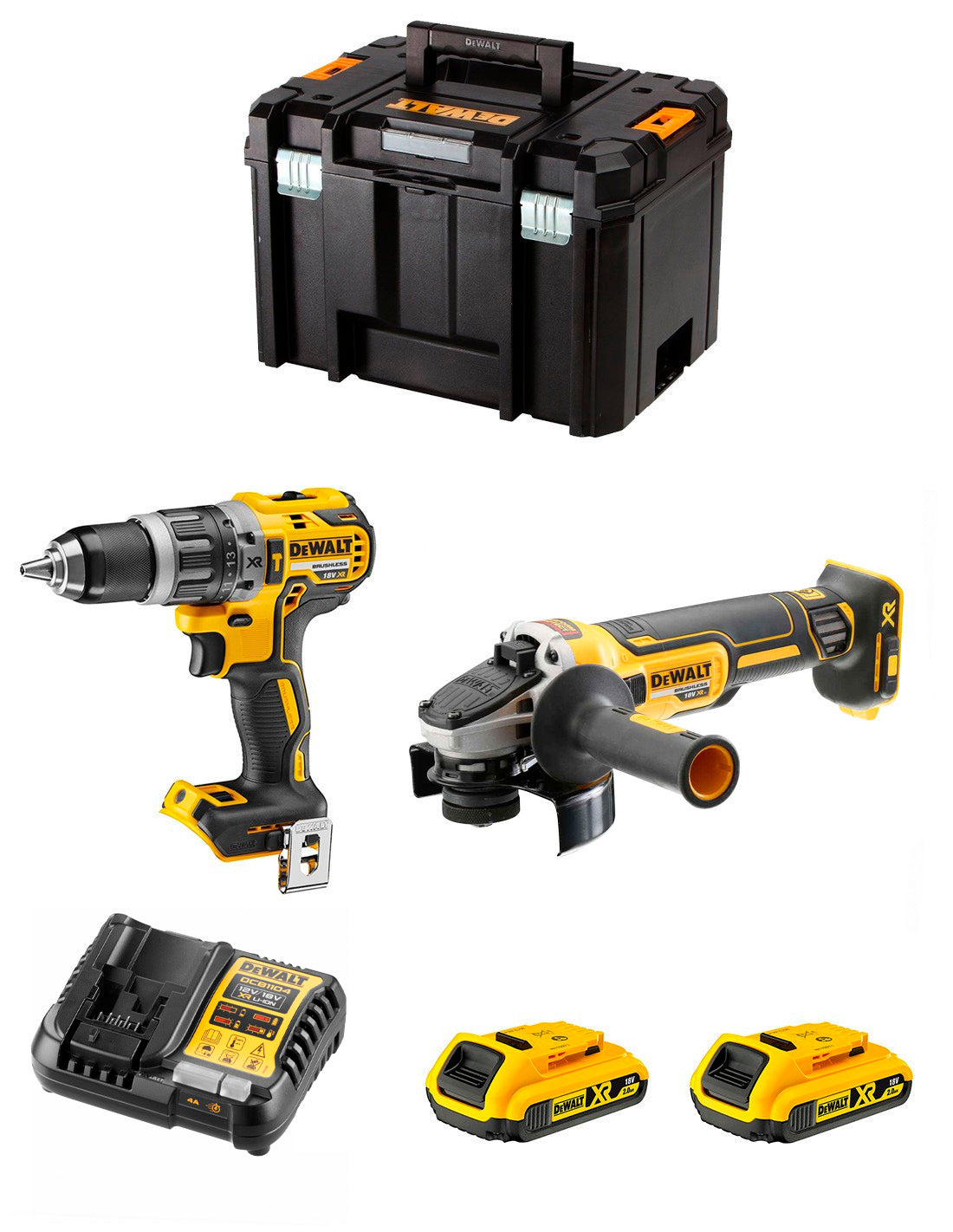 Kit DeWalt Taladre percutor DCD796 + miniamoladora DCG405 + 2 bateries de 2 Ah + carregador + TSTAK VI DCK205D2