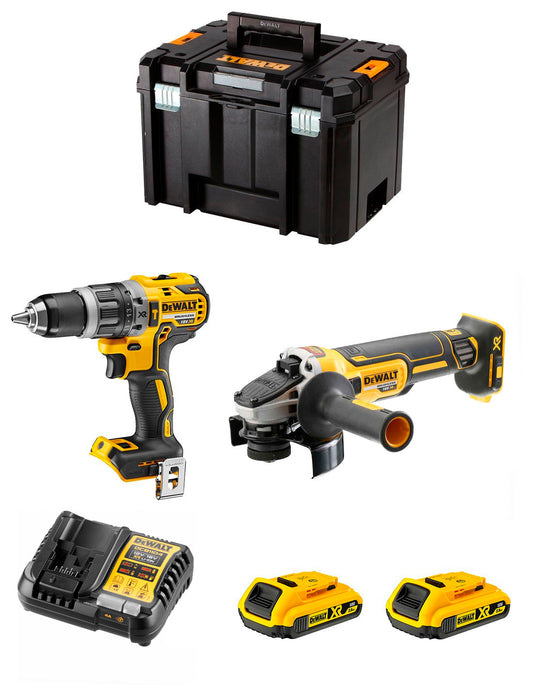 Kit DeWalt Taladre percutor DCD796 + miniamoladora DCG405 + 2 bateries de 2 Ah + carregador + TSTAK VI DCK205D2