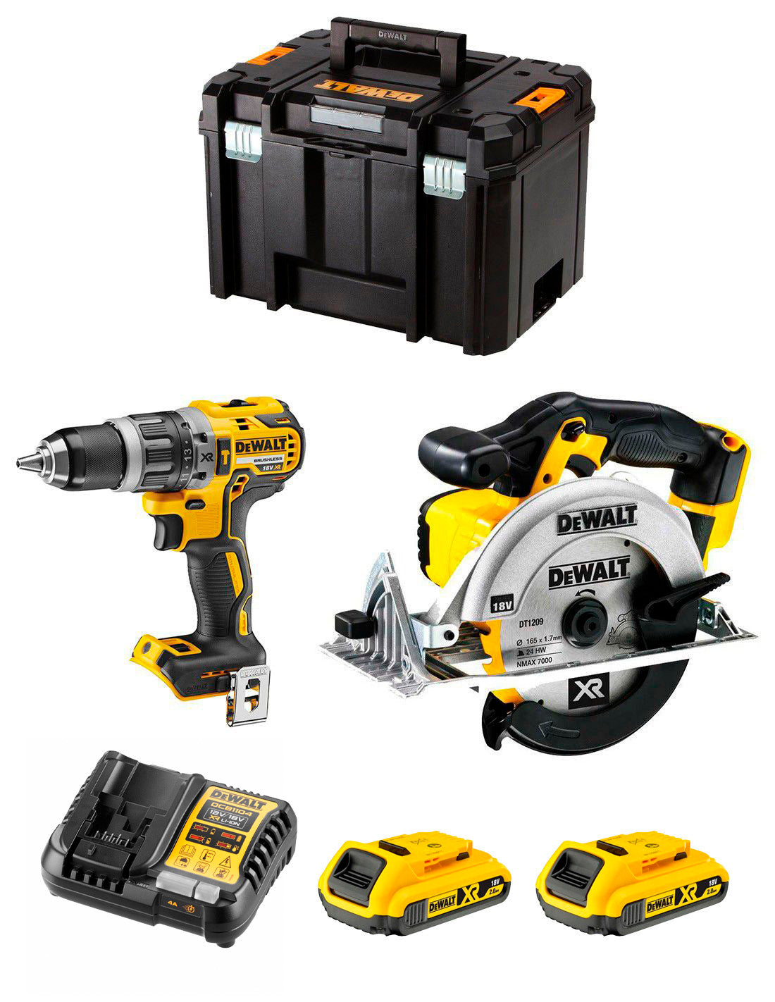 Kit Dewalt amb trepant percutor DCD796 + serra circular DCS391 + 2 bateries de 2 Ah + carregador + TSTAK VI DCK291D2