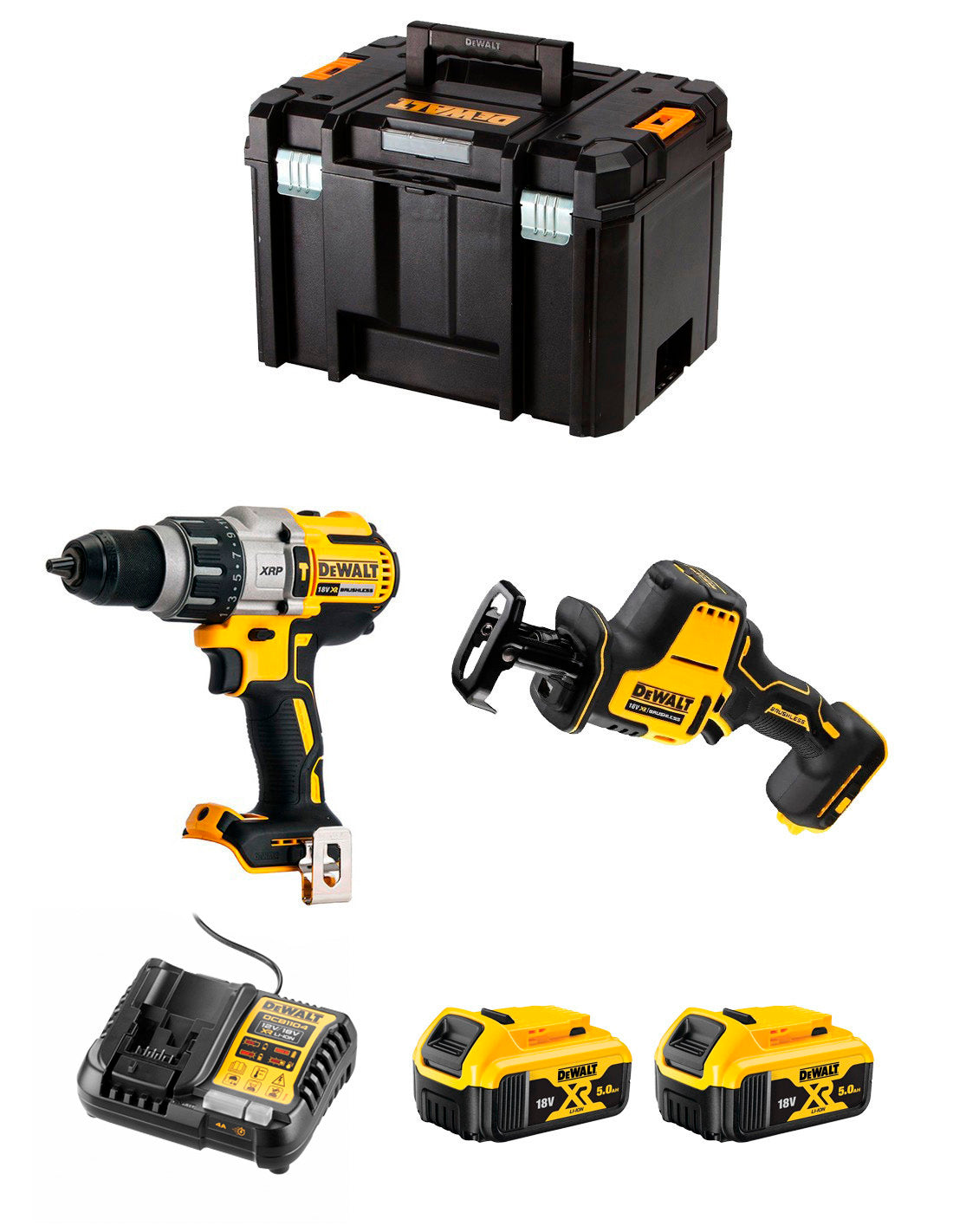 Kit DeWalt Taladre percutor DCD996 + miniserra de sabre DCS369 + 2 bateries de 5 Ah + carregador + TSTAK VI DCK269P2
