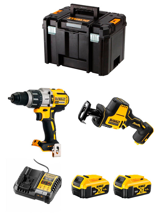 Kit DeWalt Taladre percutor DCD996 + miniserra de sabre DCS369 + 2 bateries de 5 Ah + carregador + TSTAK VI DCK269P2