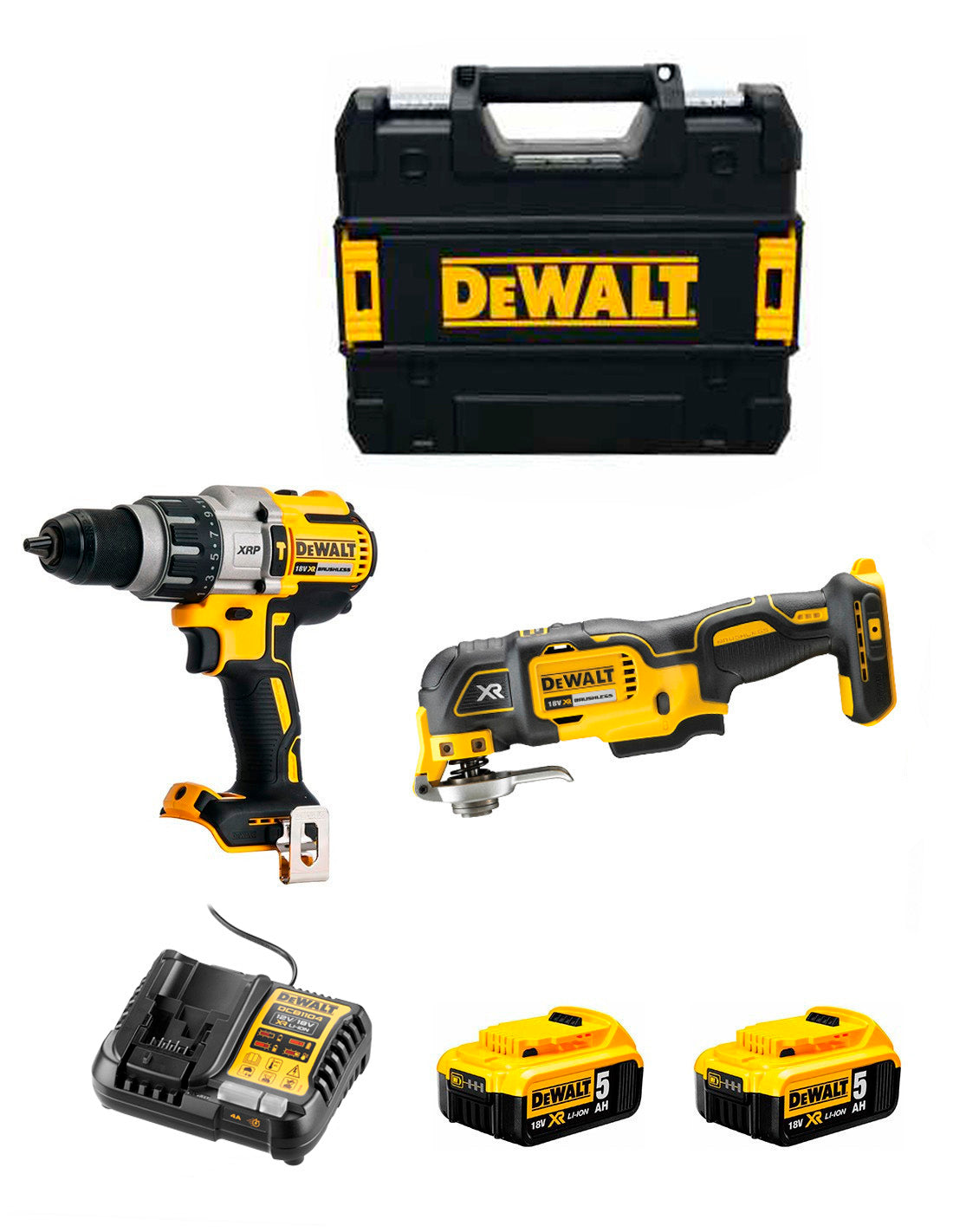 Kit DeWalt Taladre percutor DCD996 + multieina DCS356 + 2 bateries de 5 Ah + carregador + maletí DCK280P2