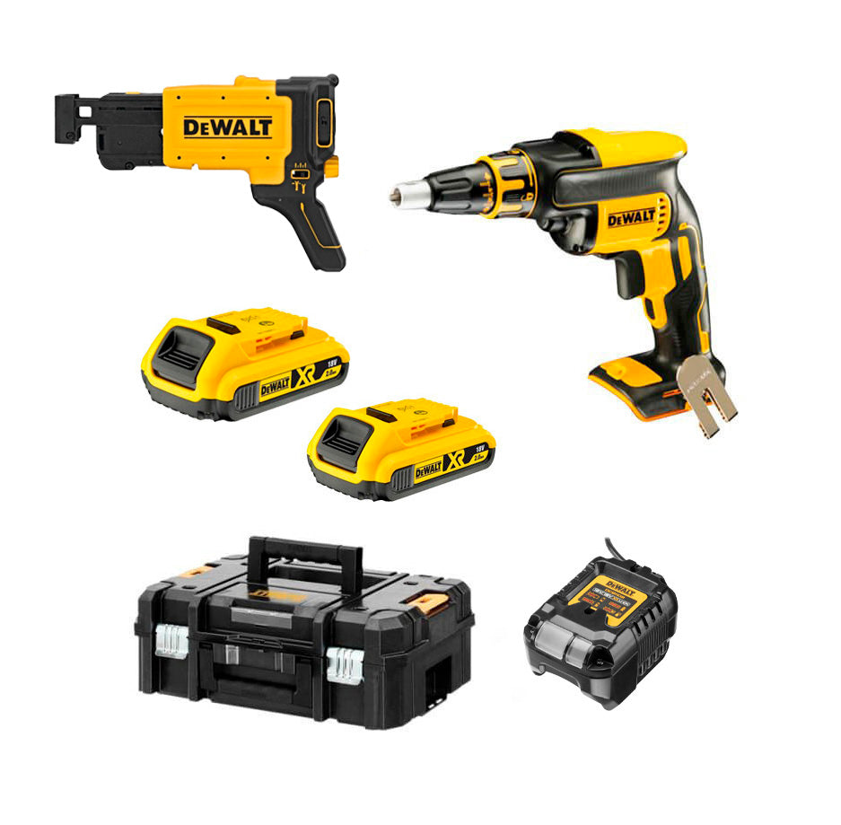 Cargolador per a plaques de guix Dewalt 18V amb 2 bateries de 2.0 Ah, maletí + carregador ràpid de cargols DCF620D2K