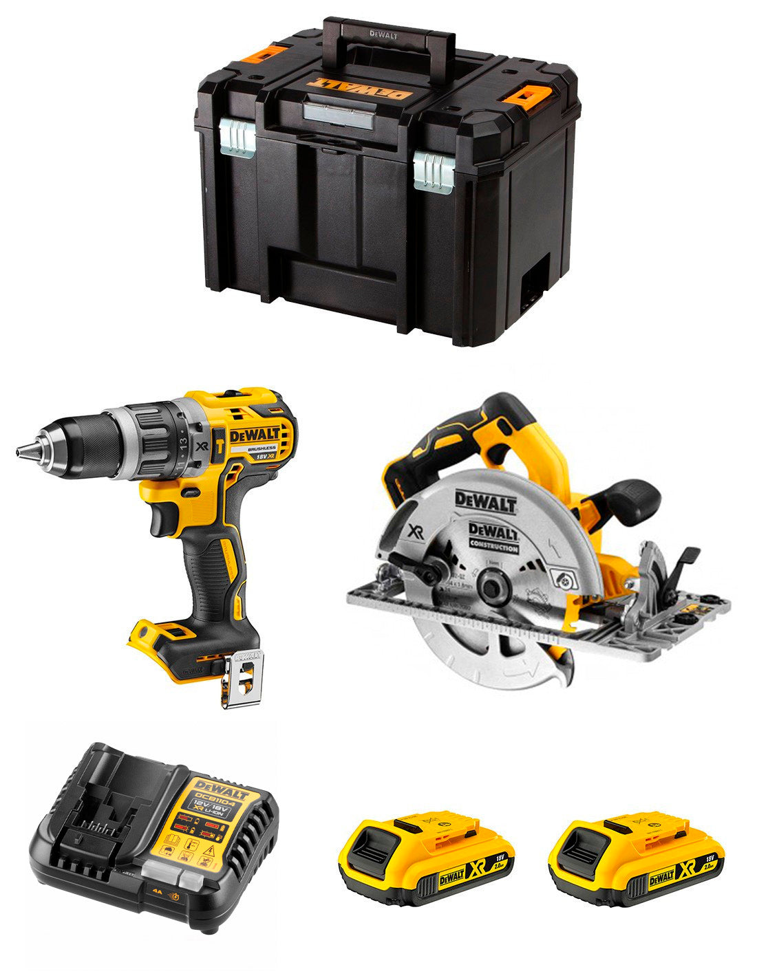 Kit Dewalt amb trepant percutor DCD796 + serra circular DCS572 + 2 bateries de 2 Ah + carregador + TSTAK VI DCK270D2
