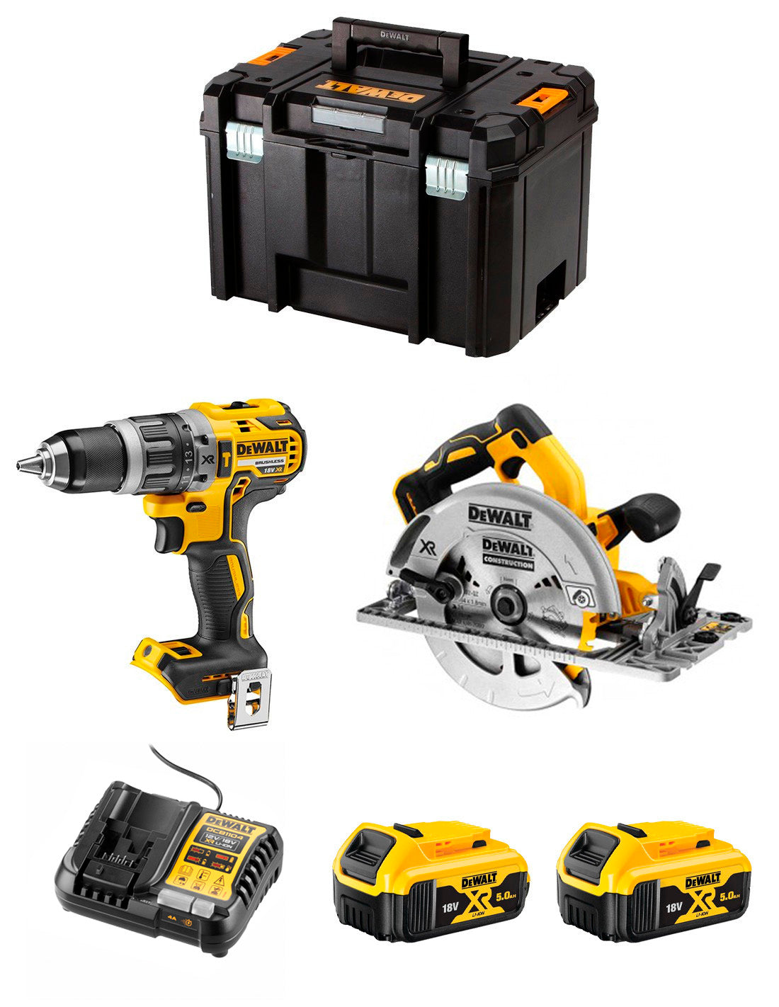 Kit Dewalt trepant percutor DCD996 + serra circular DCS572 + 2 bateries de 5 Ah + carregador + TSTAK VI DCK296P2