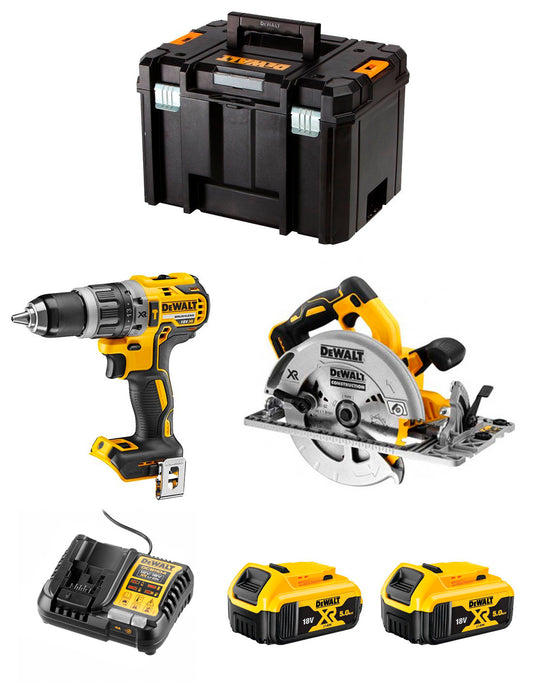 Kit Dewalt trepant percutor DCD996 + serra circular DCS572 + 2 bateries de 5 Ah + carregador + TSTAK VI DCK296P2