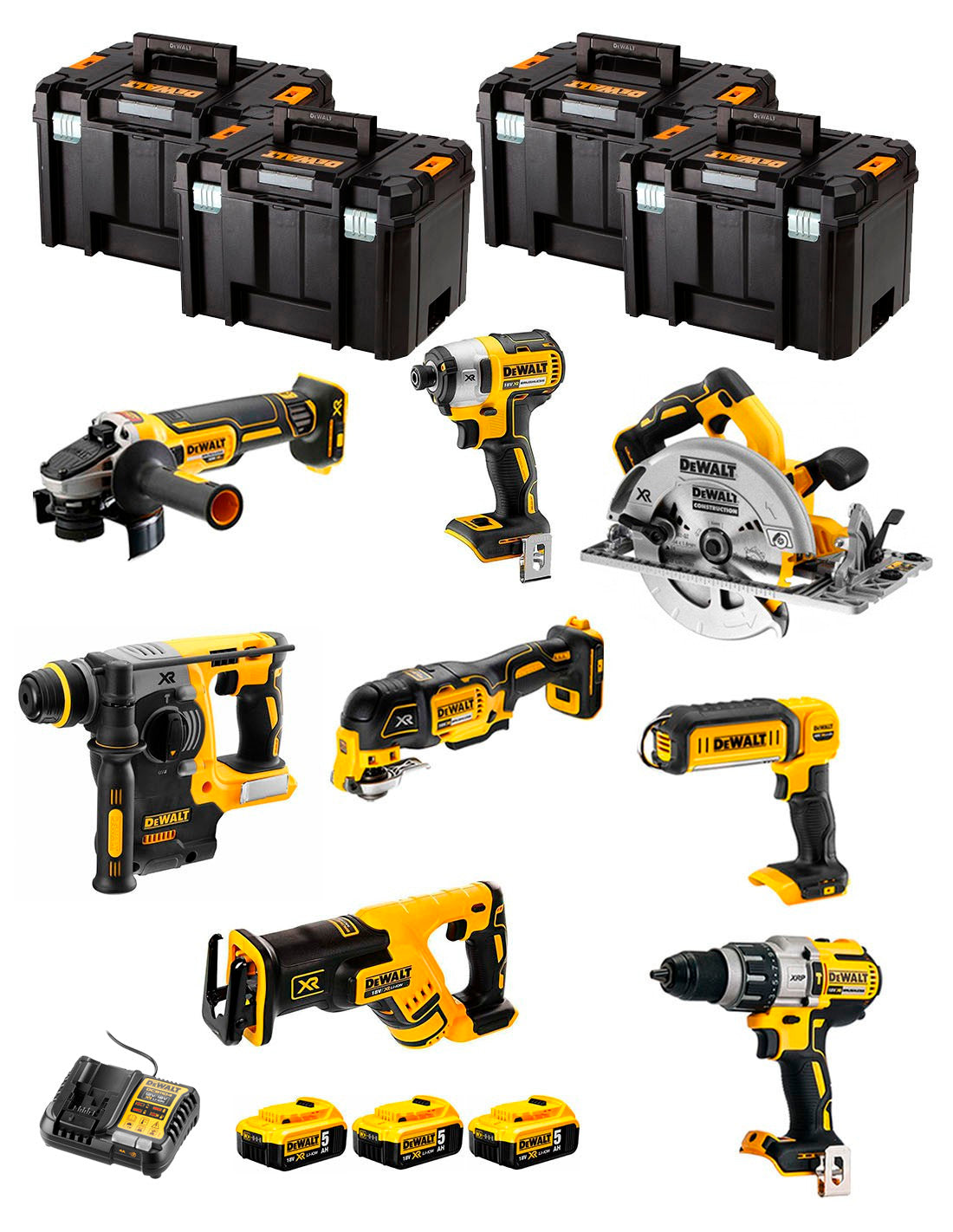 Kit Dewalt amb 8 eines + 3 bateries de 5Ah + carregador DCB1104 + 4xTSTAK VI Kit DCK867P3