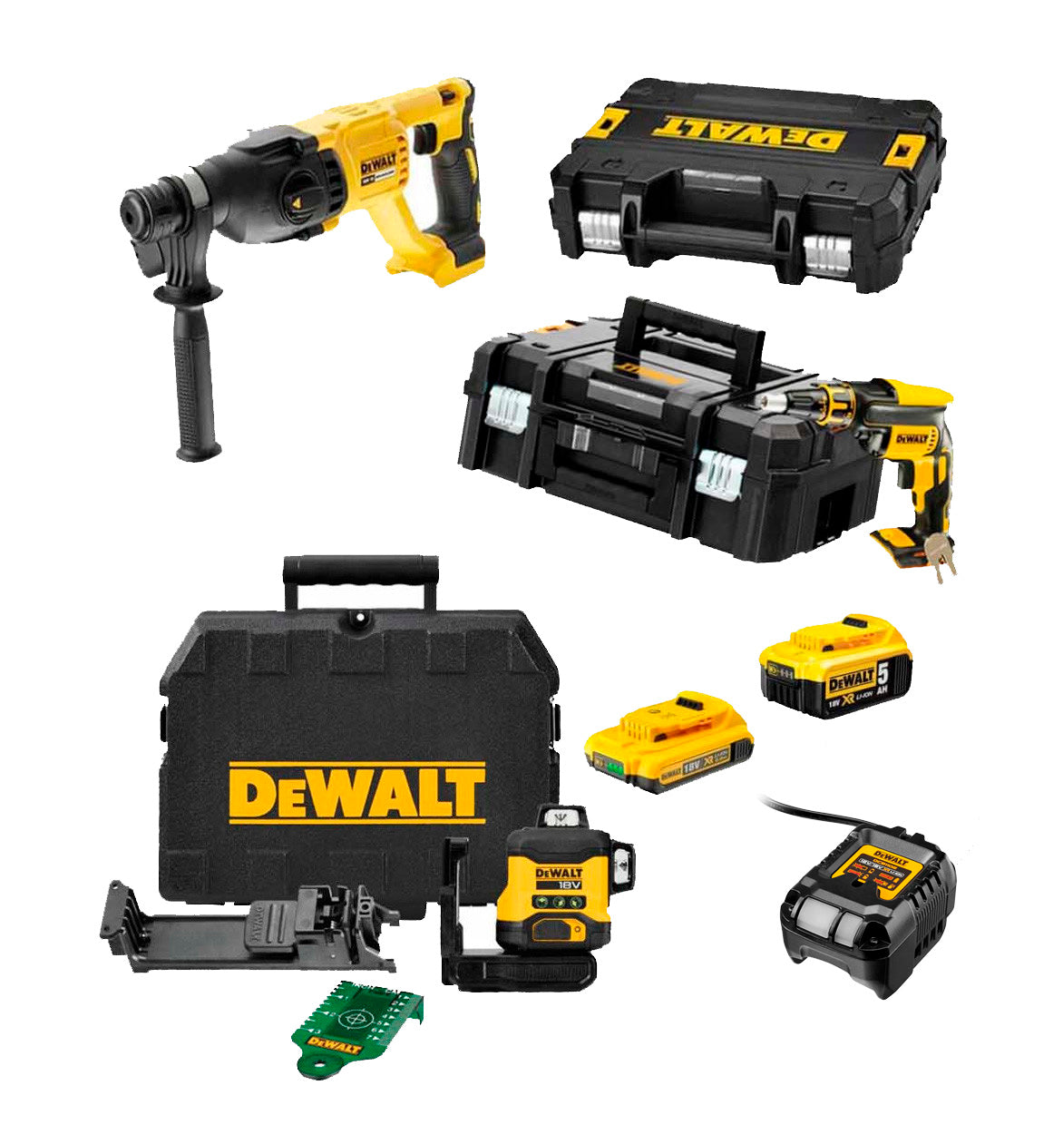 Mega combo per a plaques de guix: tornavís DCF620 + martell DCH133 + nivell DCLE34031N + 2 bateries de 18 V DeWalt