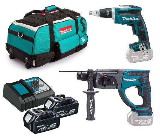 Combinat per a plaques de guix de 18 V Makita: cargolador per a plaques de guix DFS452 + martell lleuger DHR202 + 2 bateries de 5.0 Ah + bossa