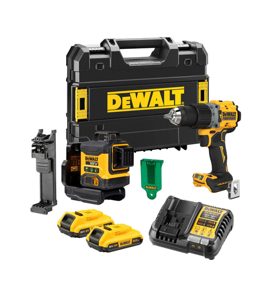 Kit làser compacte DCLE34031 + trepant DCD805 + 2 bateries de 2Ah de 18V + carregador + maletí Dewalt DCK2095D2T
