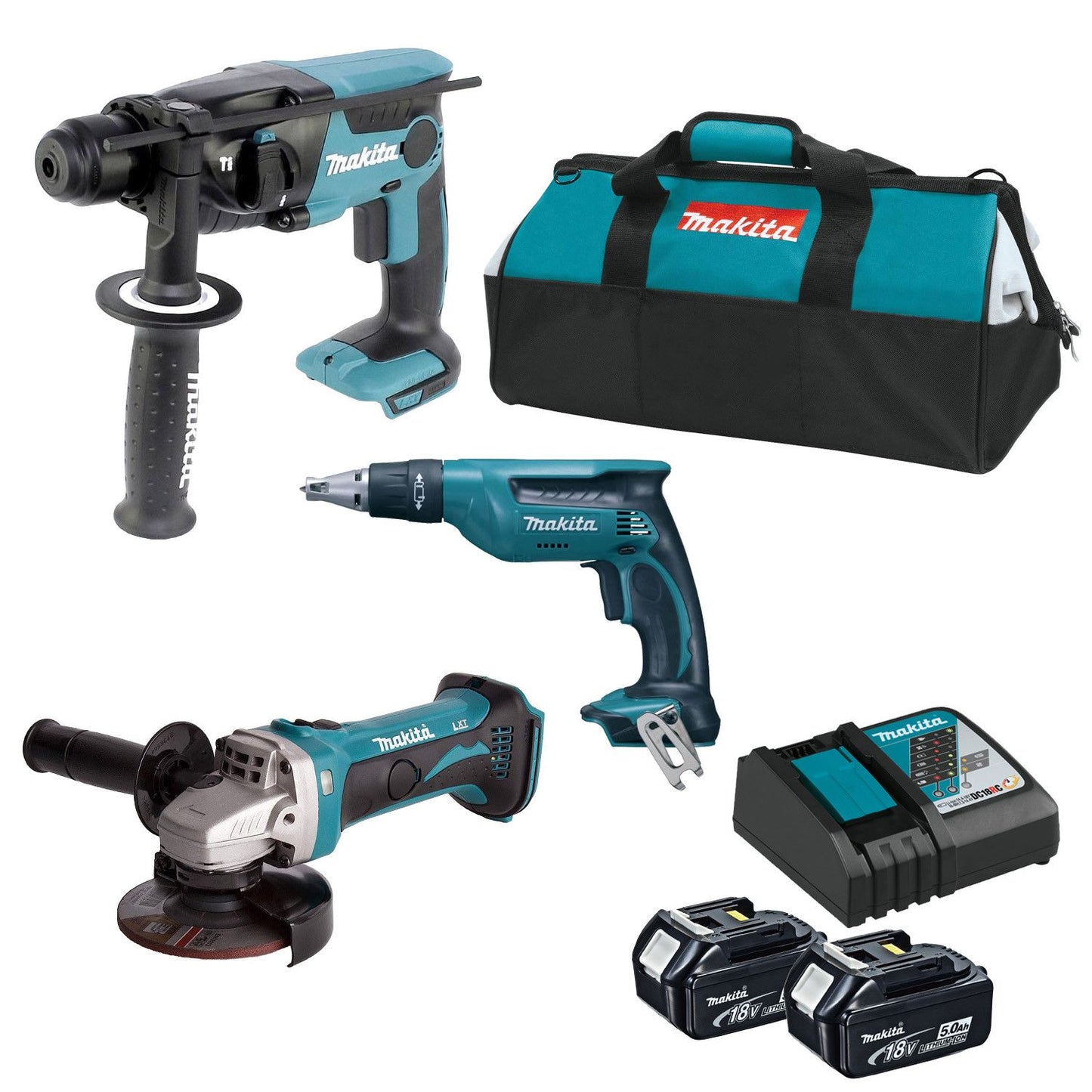 Combo per a plaques de guix: cargoladora DFS451Z + martell DHR165Z + amoladora DGA452Z + 2 bateries de 5Ah + carregador Makita