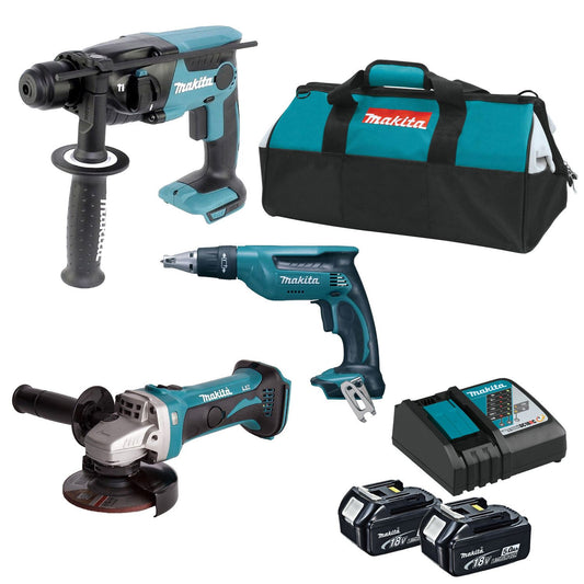 Combo per a plaques de guix: cargoladora DFS451Z + martell DHR165Z + amoladora DGA452Z + 2 bateries de 5Ah + carregador Makita