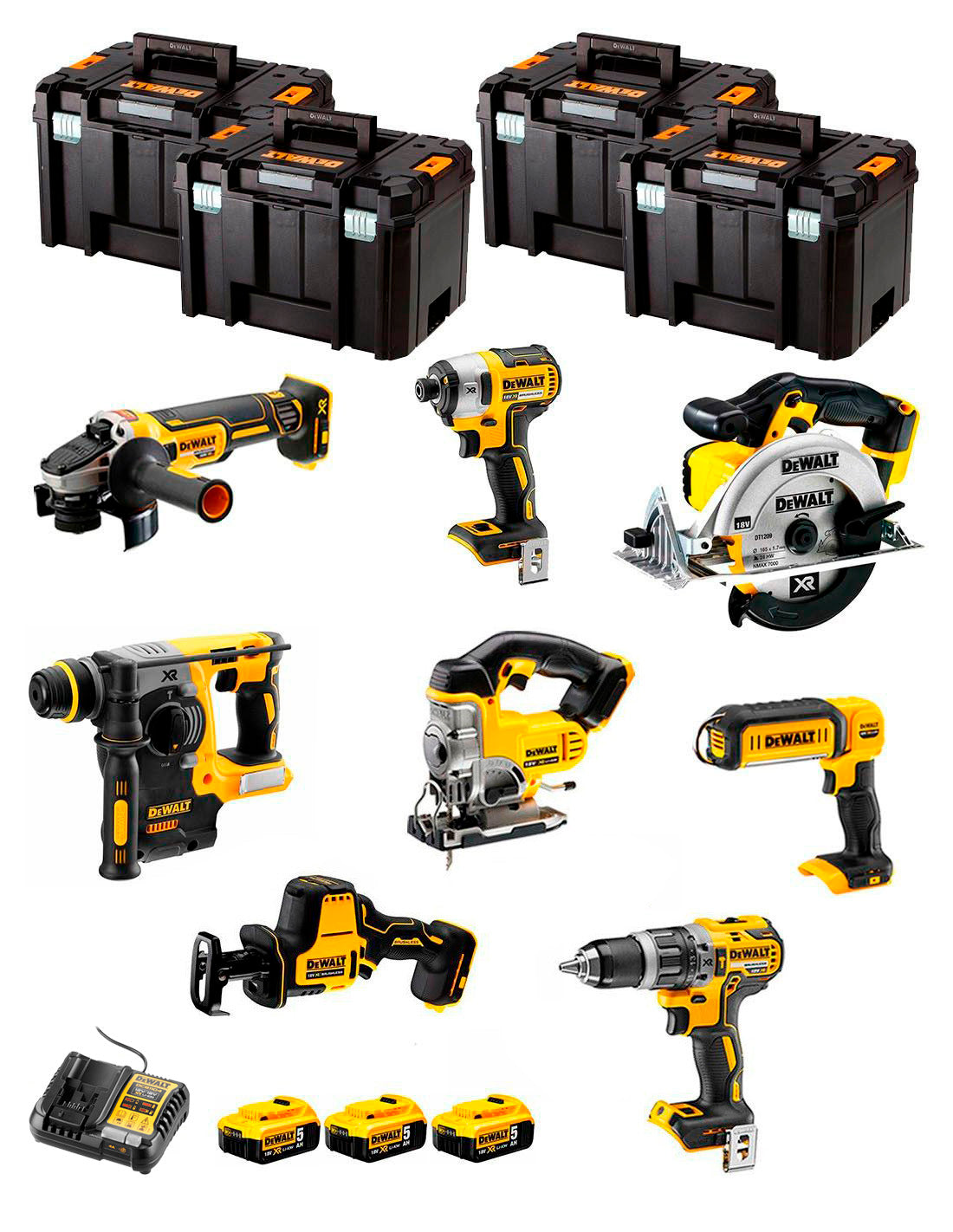 Kit Dewalt amb 8 eines + 3 bateries de 5Ah + carregador DCB1104 + 4xTSTAK VI DCK891P3