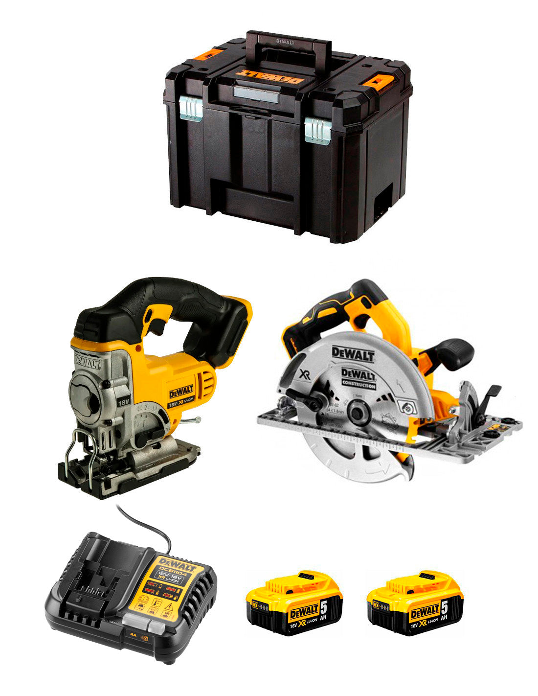 Kit Dewalt amb serra circular DCS572 + serra de calar DCS331 + 2 bateries de 5Ah + carregador + TSTAK DCK270P2