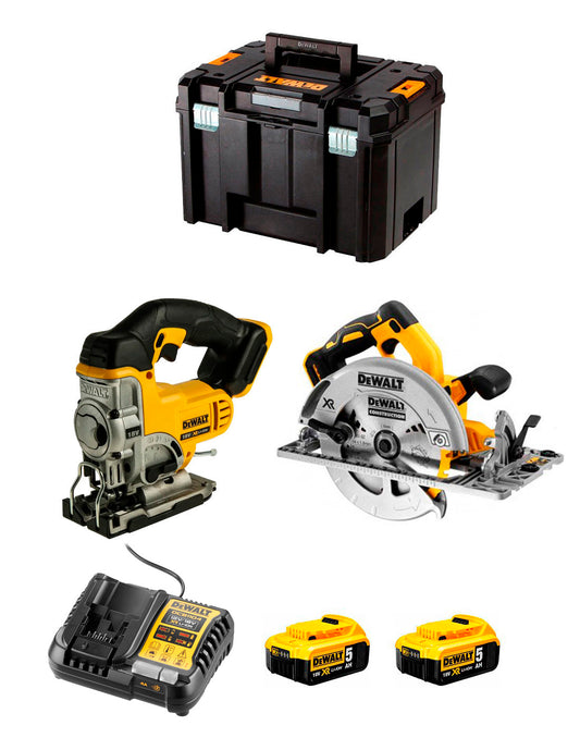 Kit Dewalt amb serra circular DCS572 + serra de calar DCS331 + 2 bateries de 5Ah + carregador + TSTAK DCK270P2