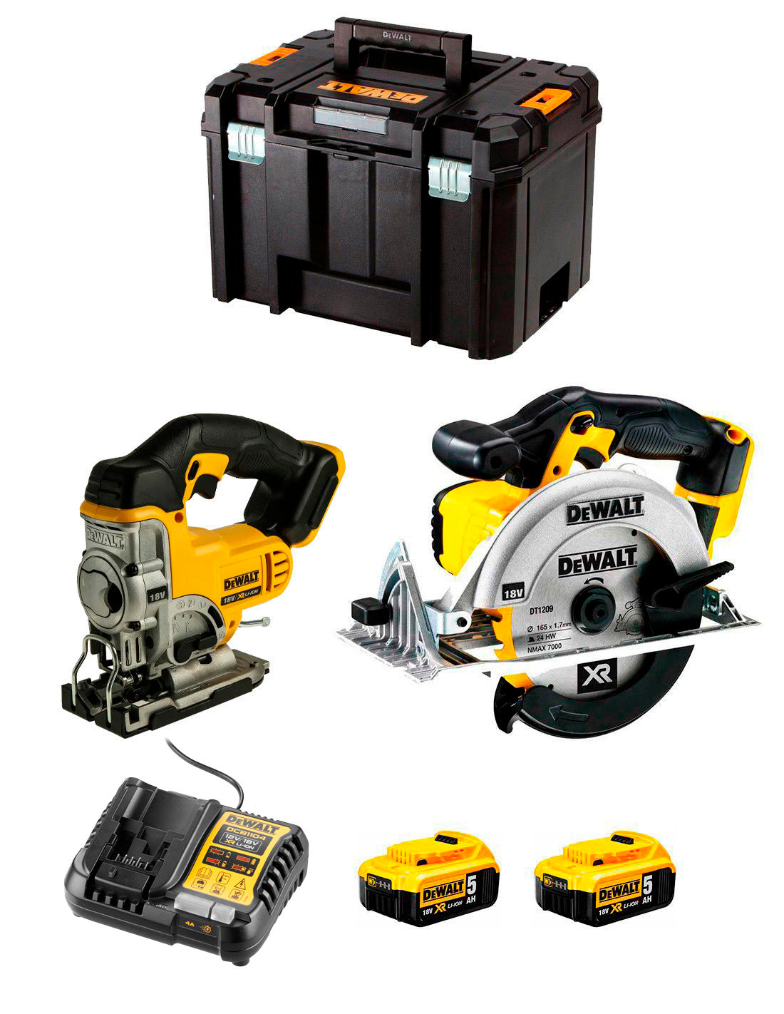 Kit Dewalt amb serra de calar DCS331 + serra circular DCS391 + 2 bateries de 5 Ah + carregador + TSTAK VI DCK215P2