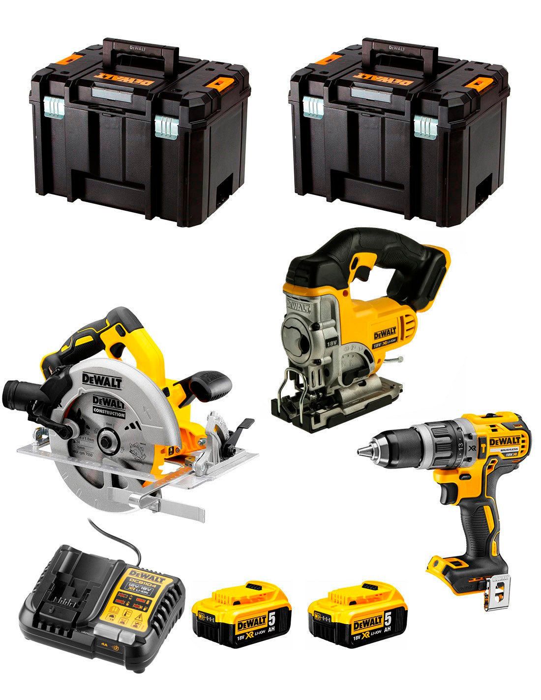 Kit DeWalt Taladre percutor DCD796 + serra de calar DCS334 + serra circular DCS572 + 2 bateries de 5 Ah + carregador + 2 × TSTAK VI DCK370P2