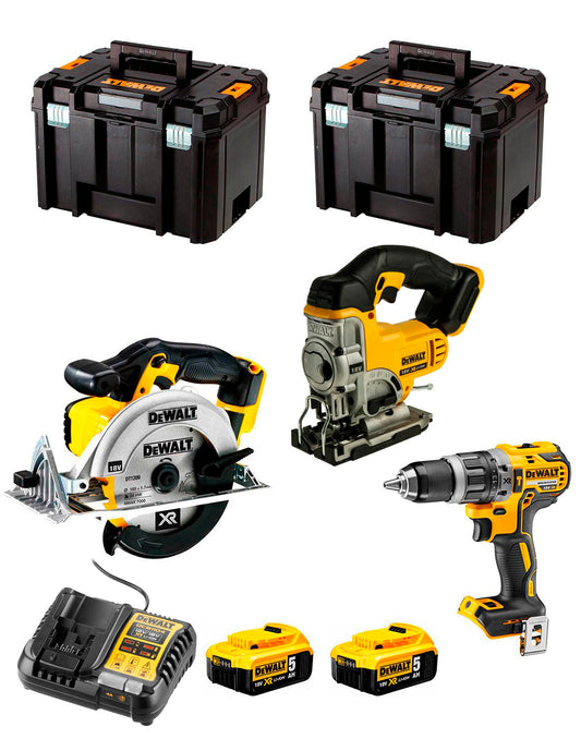 Kit DeWalt Taladre percutor DCD796 + serra de calar DCS331 + serra circular DCS391 + 2 bateries de 5 Ah + carregador + 2 × TSTAK VI DCK391P2