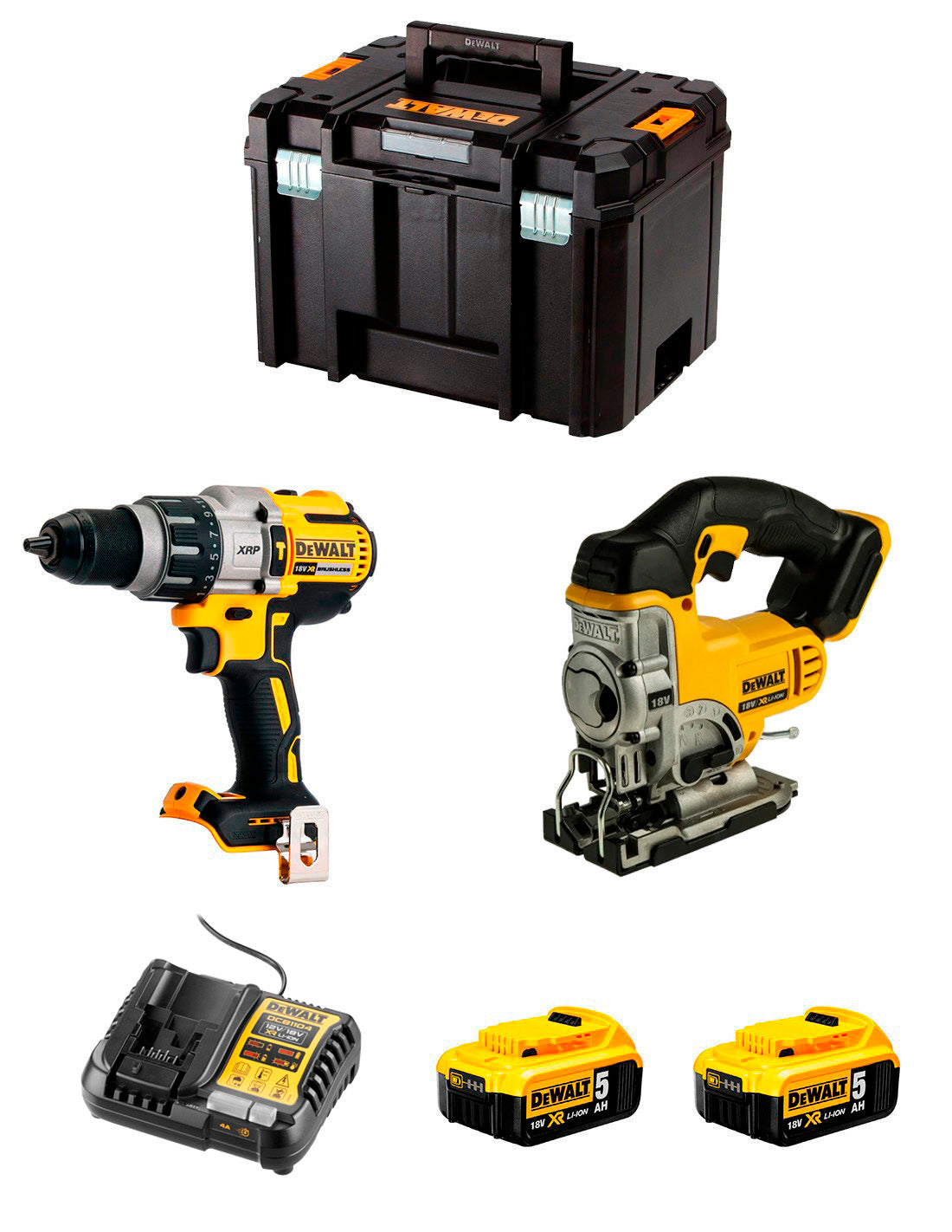Kit Dewalt trepant percutor DCD996 + serra de vogir DCS331 + 2 bateries de 5 Ah + carregador + TSTAK VI DCK234P2