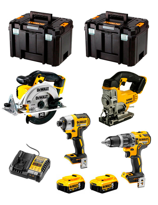 Kit DeWalt de 4 eines + 2 bateries de 5 Ah + carregador + 2 × TSTAK VI DCK491P2