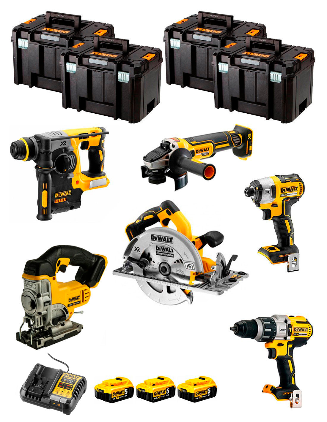 Kit Dewalt de 6 eines + 3 bateries de 5 Ah + carregador DCB1104 + 4×Tstak VI Kit DCK670P3