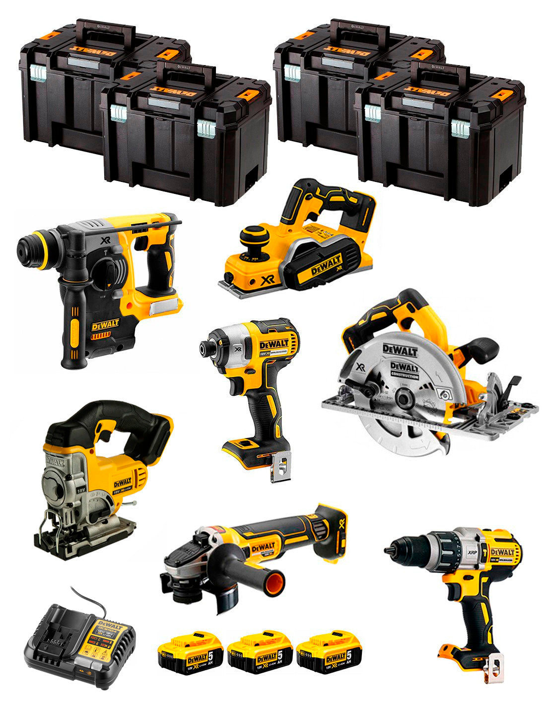 Kit Dewalt de 7 eines + 3 bateries de 5 Ah + carregador DCB1104 + 4×Tstak VI Kit DCK770P3