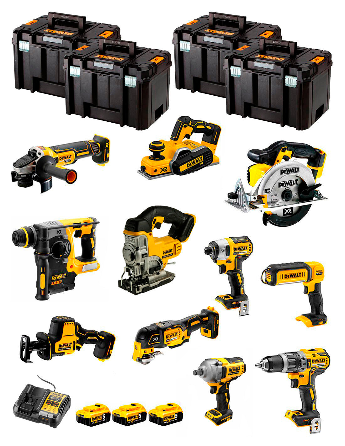 Kit Dewalt amb 11 eines + 3 bateries de 5Ah + carregador DCB1104 + 4xTSTAK DCK111P3