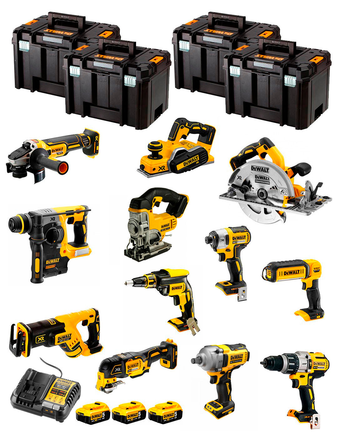 Kit Dewalt amb 12 eines + 3 bateries de 5Ah + carregador DCB1104 + 4xTSTAK DCK127P3