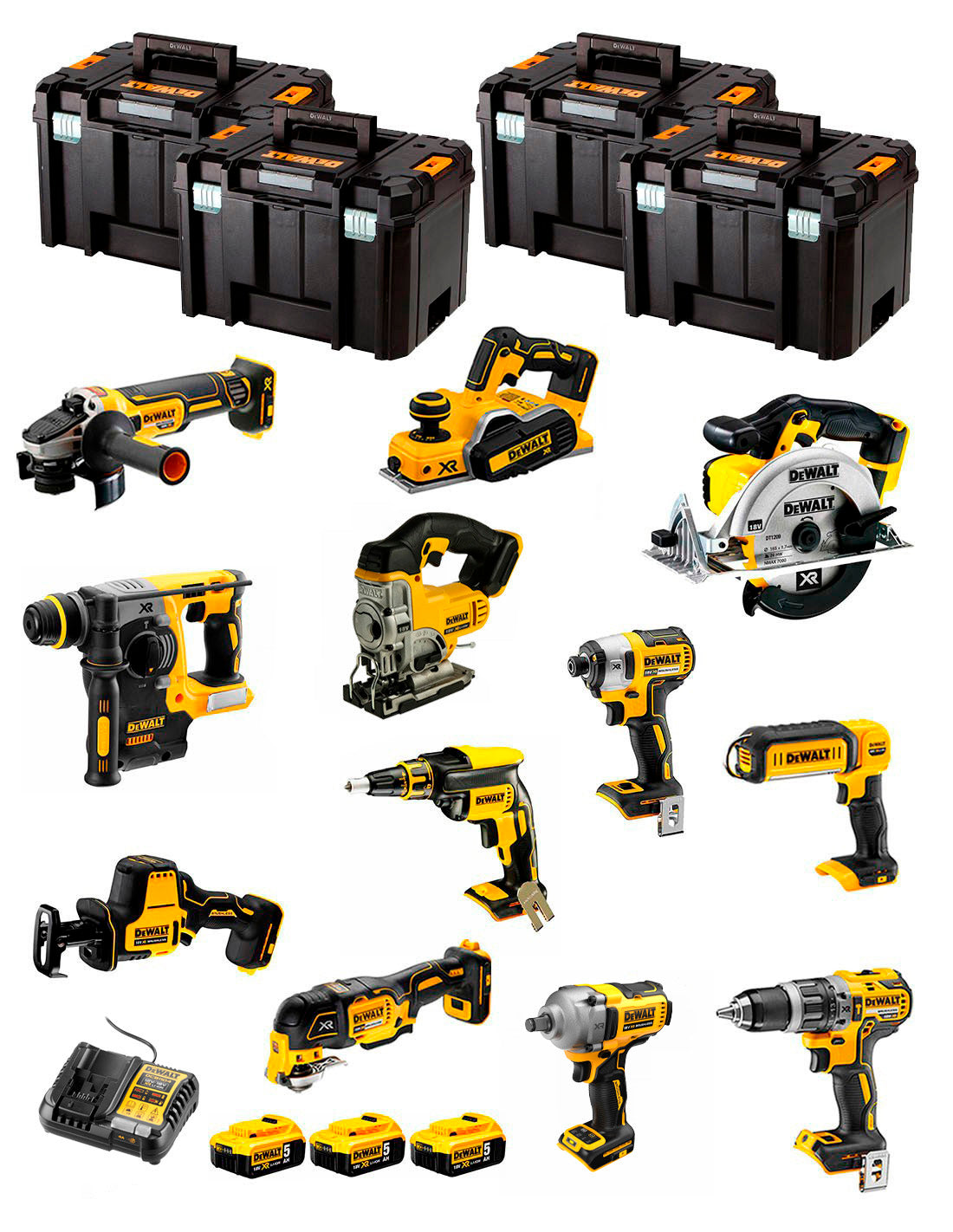 Kit Dewalt amb 12 eines + 3 bateries de 5Ah + carregador DCB1104 + 4xTSTAK DCK129P3