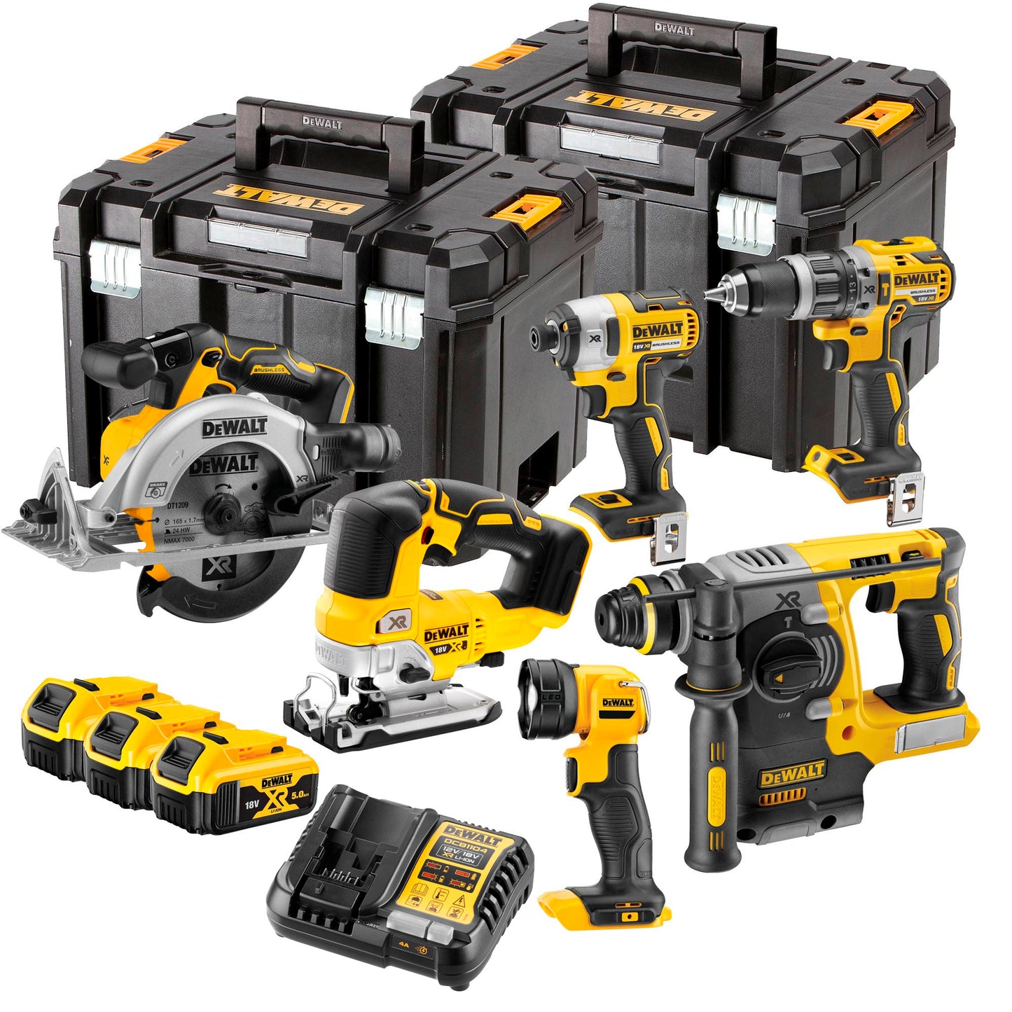 Kit de 6 eines 18V + 3 bateries de 5 Ah + carregador DCB1104 + 2 TSTAK Dewalt DCK690P3T