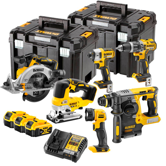Kit de 6 eines 18V + 3 bateries de 5 Ah + carregador DCB1104 + 2 TSTAK Dewalt DCK690P3T