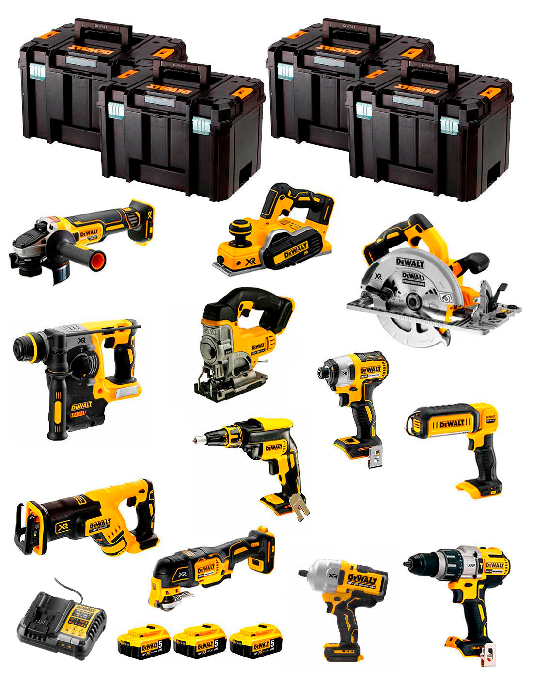 Kit Dewalt amb 12 eines + 3 bateries de 5Ah + carregador DCB1104 + 4xTSTAK DCK120P3