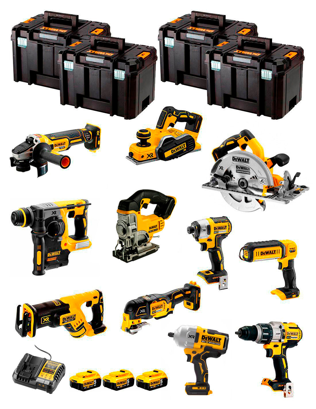 Kit Dewalt amb 11 eines + 3 bateries de 5Ah + carregador DCB1104 + 4xTSTAK DCK110P3