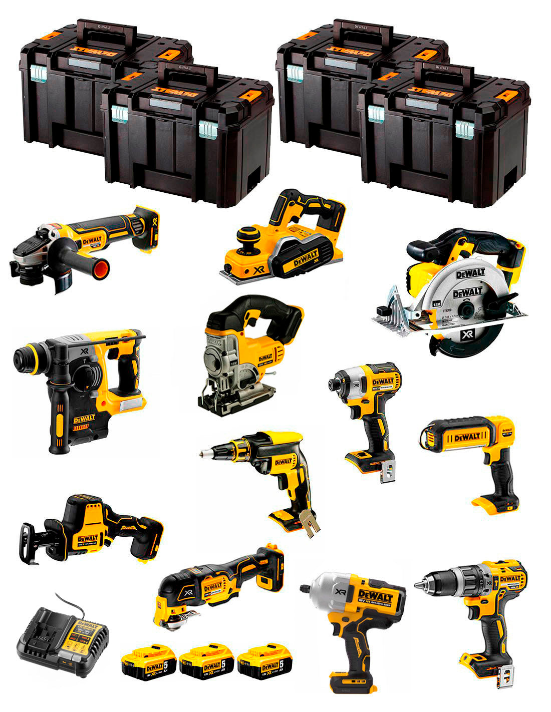 Kit Dewalt amb 12 eines + 3 bateries de 5Ah + carregador DCB1104 + 4xTSTAK DCK121P3