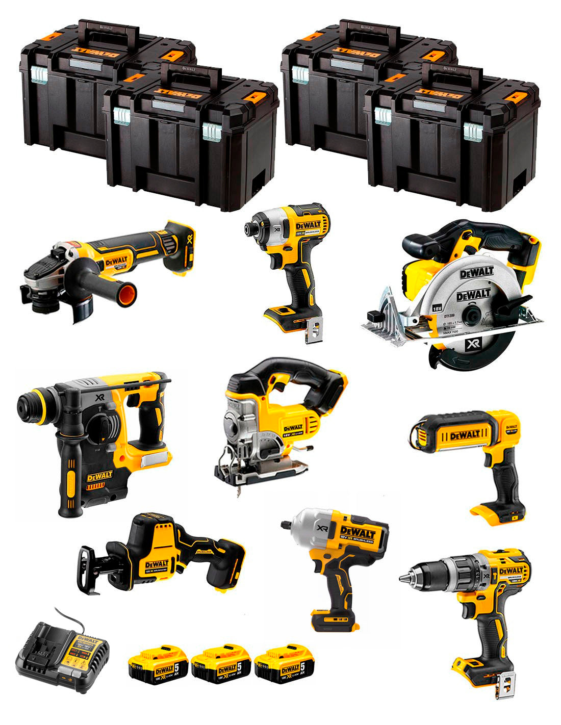 Kit Dewalt amb 9 eines + 3 bateries de 5Ah + carregador DCB1104 + 4xTSTAK VI DCK991P3
