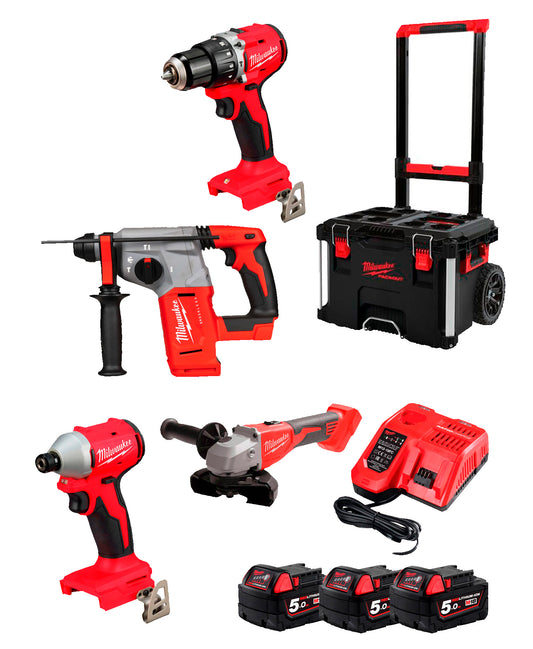 Powerpack amb martell + trepant + amoladora + cargoladora d’impacte + 3 bateries de 5Ah + carregador + bagul Milwaukee