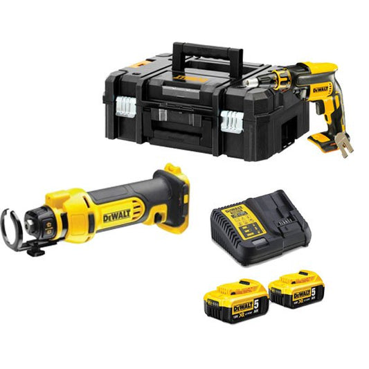 Combo de plaques de guix: serra per a guix DCE555N + tornavís per a pladur DCF620NT Dewalt + 2 bateries de 5Ah + carregador