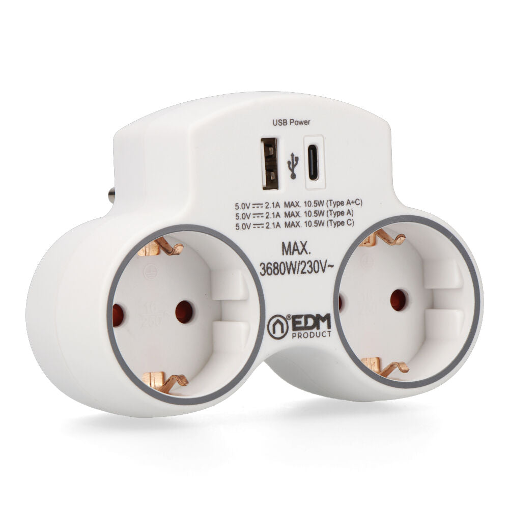 Adaptador de 2 preses 2P+T SCHUKO amb 2 USB (A + C) EDM