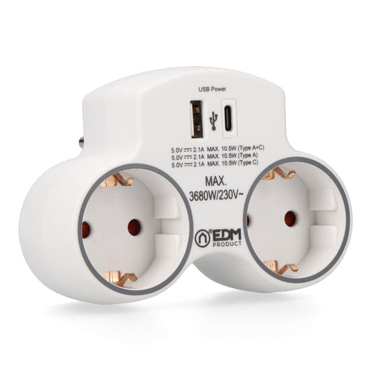 Adaptador de 2 preses 2P+T SCHUKO amb 2 USB (A + C) EDM