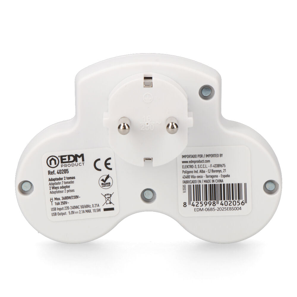 Adaptador de 2 preses 2P+T SCHUKO amb 2 USB (A + C) EDM
