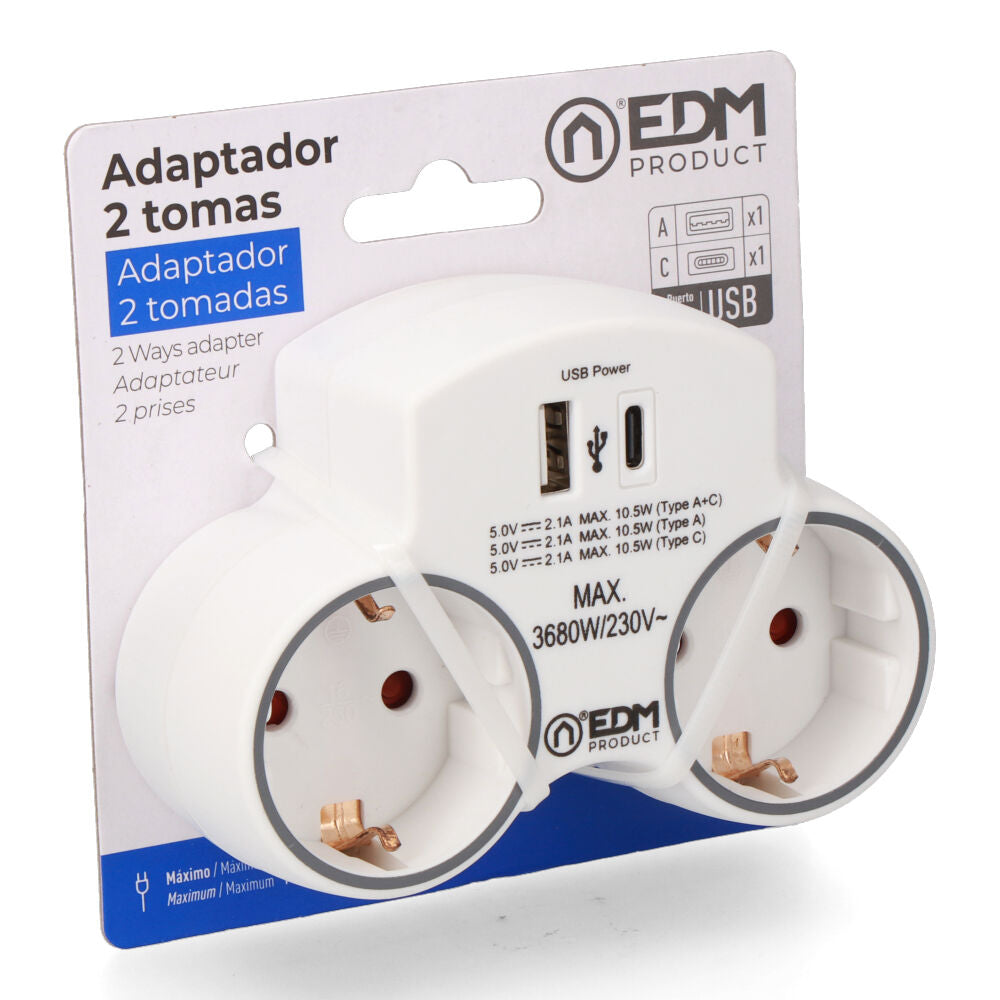 Adaptador de 2 preses 2P+T SCHUKO amb 2 USB (A + C) EDM