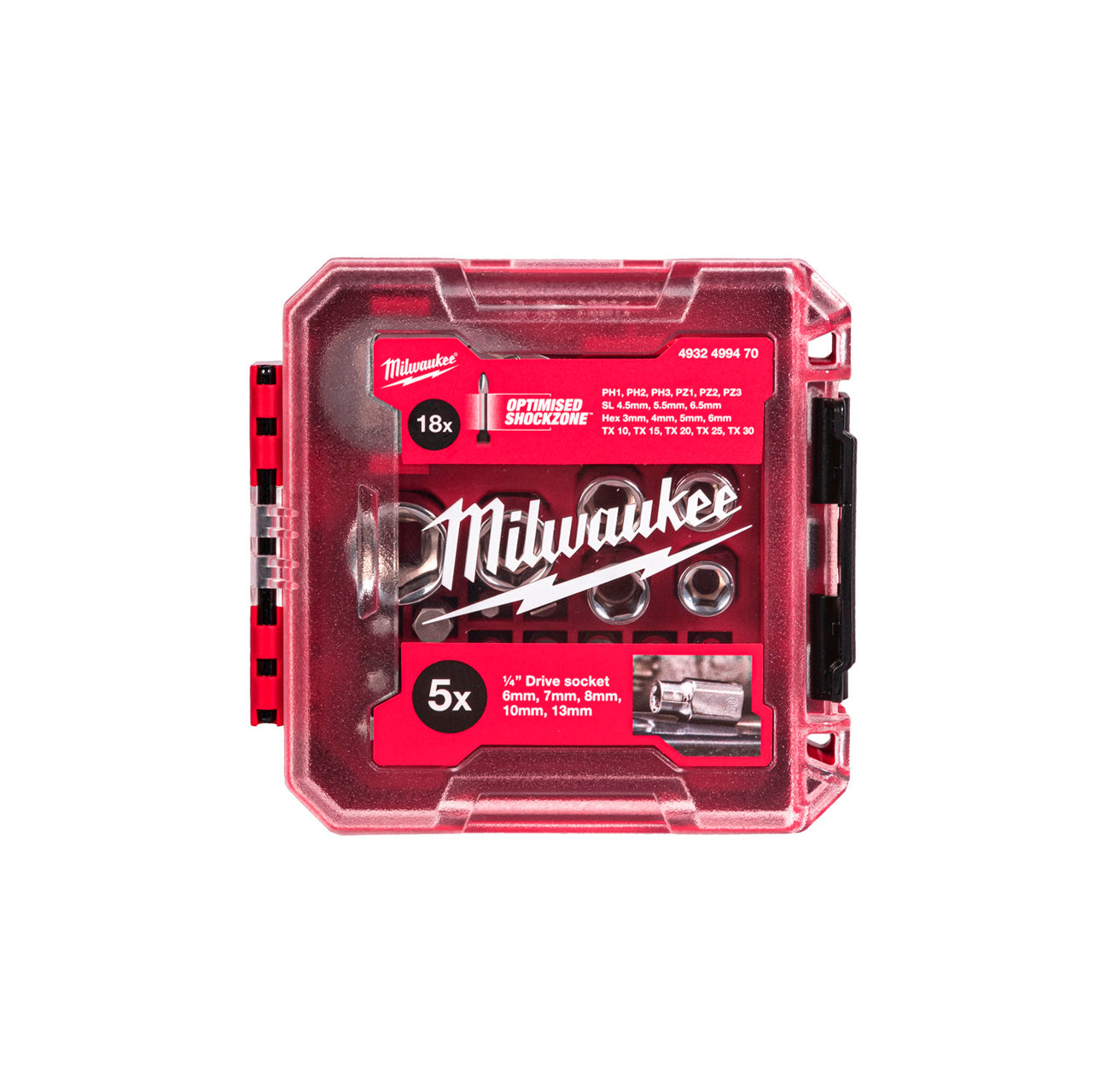 Joc de 25 peces, clau de carraca 1/4″ i puntes Milwaukee 4932499470