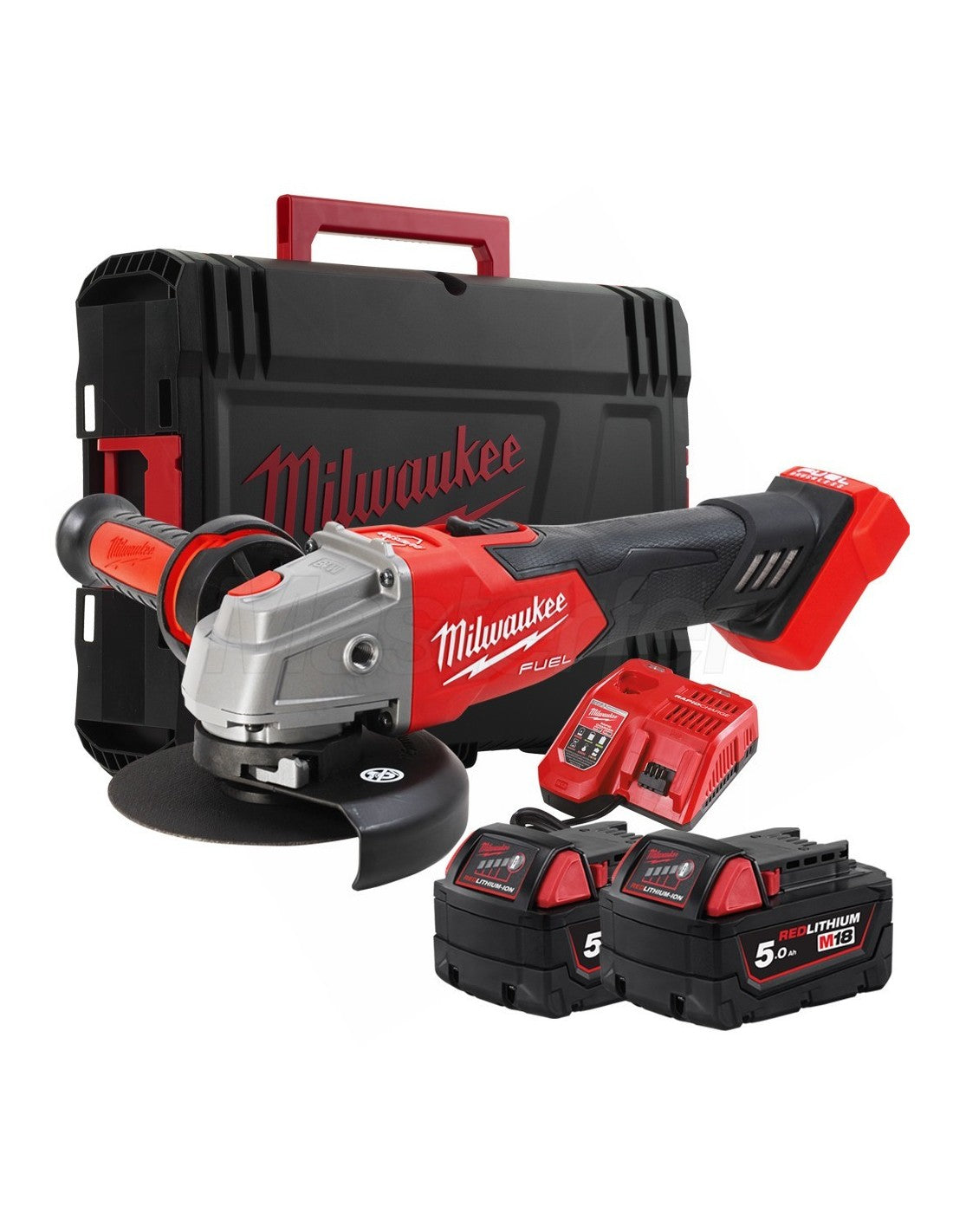 Esmoladora angular M18 de 125 mm amb fre i interruptor de botó + 2 bateries de 5 Ah + carregador + maletí Milwaukee M18 FSAG125XB-502X