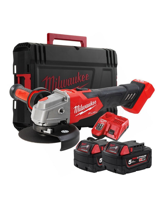 Esmoladora angular M18 de 125 mm amb fre i interruptor de botó + 2 bateries de 5 Ah + carregador + maletí Milwaukee M18 FSAG125XB-502X