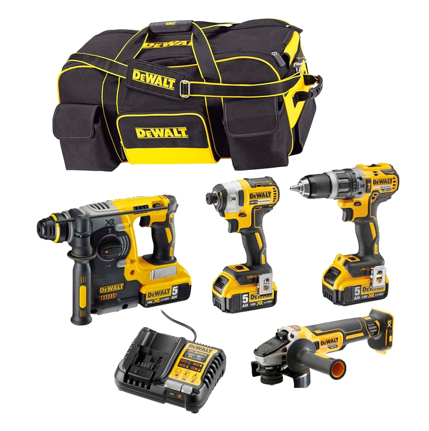 Kit de potència Dewalt: martell + trepant + esmoladora + tornavís d'impacte DCK433P3