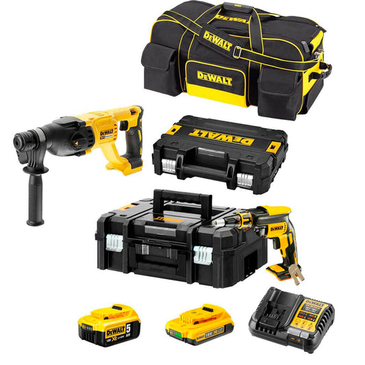 Combinat per a plaques de guix: tornavís per a plaques de guix DCF620 + martell lleuger DCH133 Dewalt + 2 bateries de 18 V + bossa de transport
