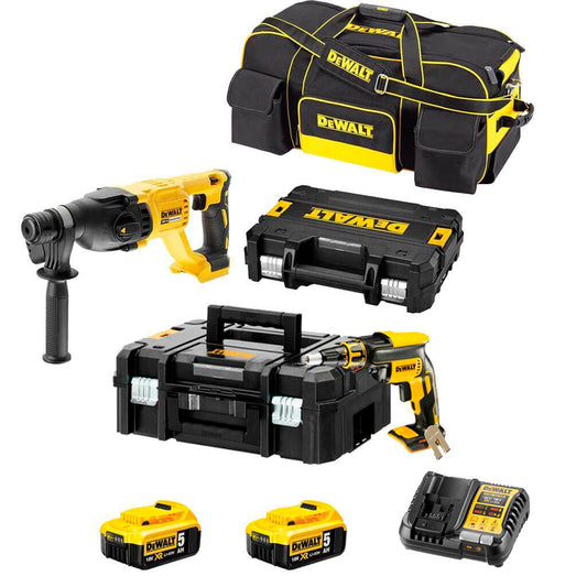 Combo de panells de guix: cargoladora de pladur DCF620 + martell lleuger DCH133 Dewalt, 2 bateries de 5 Ah 18 V + bossa de transport