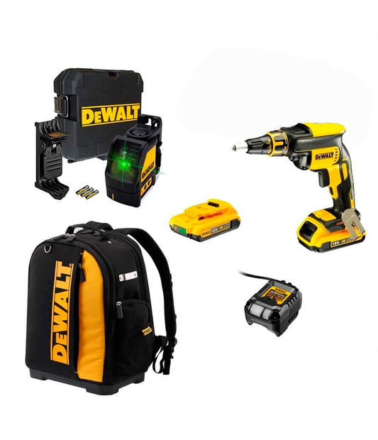Combo de tornavís per a plaques de guix DCF620 + 2 bateries de 2Ah + làser DW088CG + motxilla Dewalt CPROF593