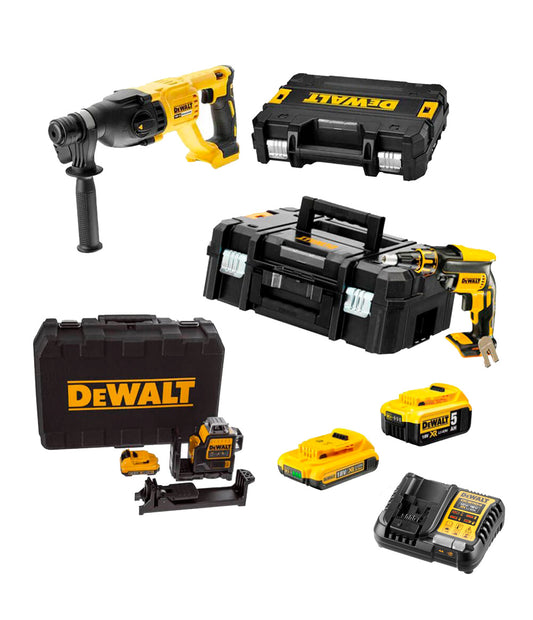 Mega combo per a plaques de guix: tornavís DCF620 + martell DCH133 + nivell DCE089D1R + 2 bateries de 18V Dewalt